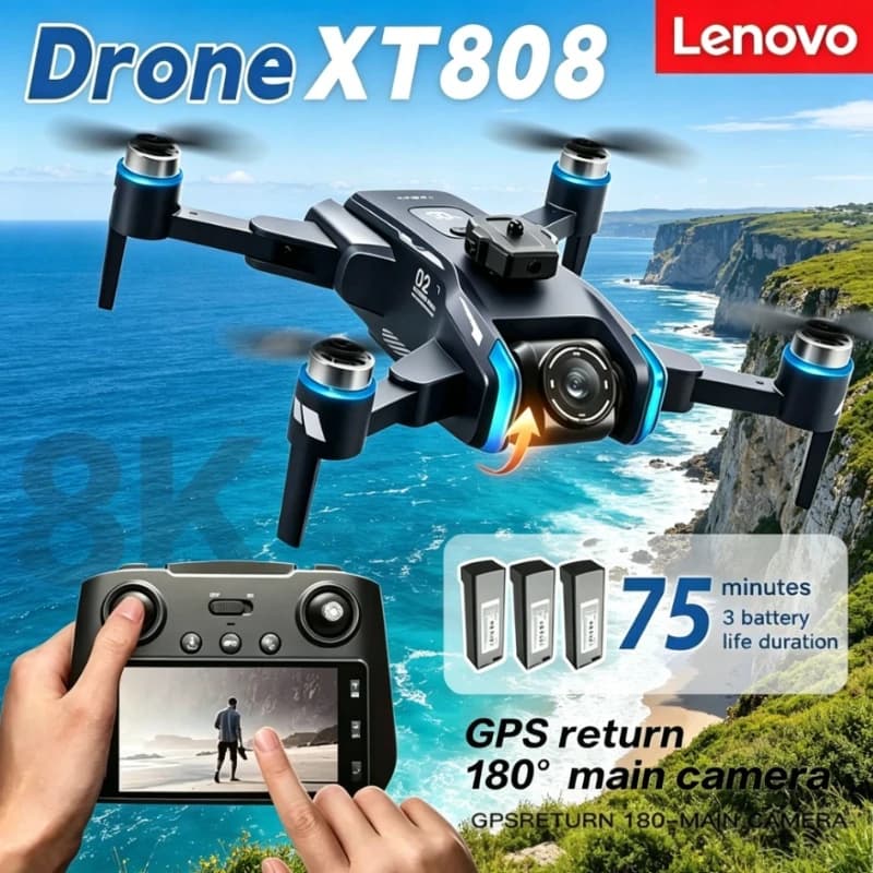 Drone Lenovo XT808 max GPS con motore brushless, doppia fotocamera HD professionale 8K, drone 5G WIFI FPV pieghevole, quadricottero RC.