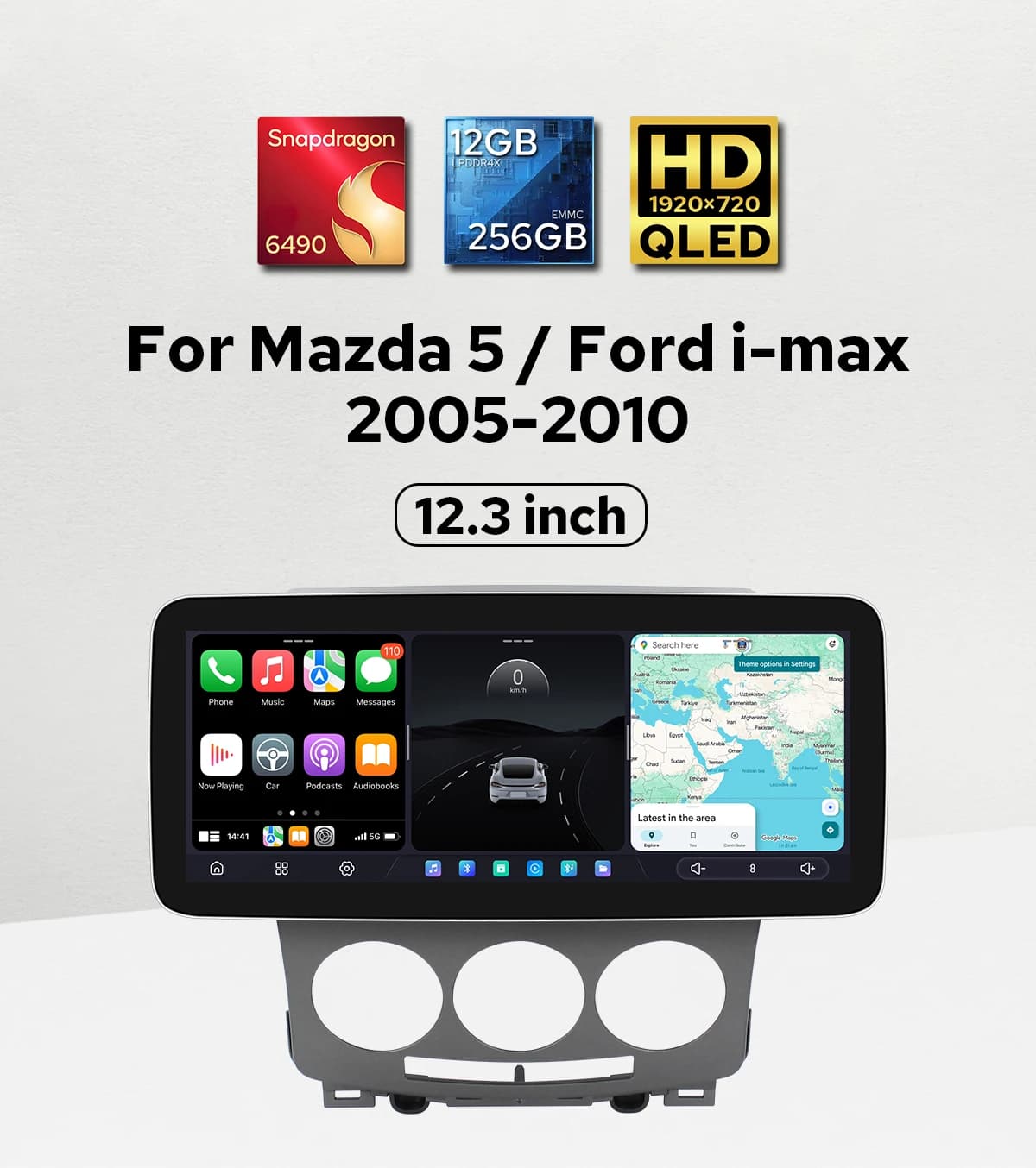 Sistema Multimediale Premium per Auto Android con Schermo QLED da 12,3'' 1920×720 per Mazda 5 2005-2010/Per Ford i-Max 2005-2010 con GPS e Navigazione