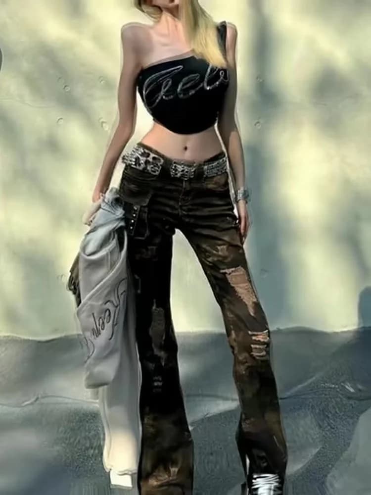 Stylish Low Waist Camouflage Flared Denim Jeans Women's Summer New Slimming Workwear Long Pants American Style Straight Leg Z...