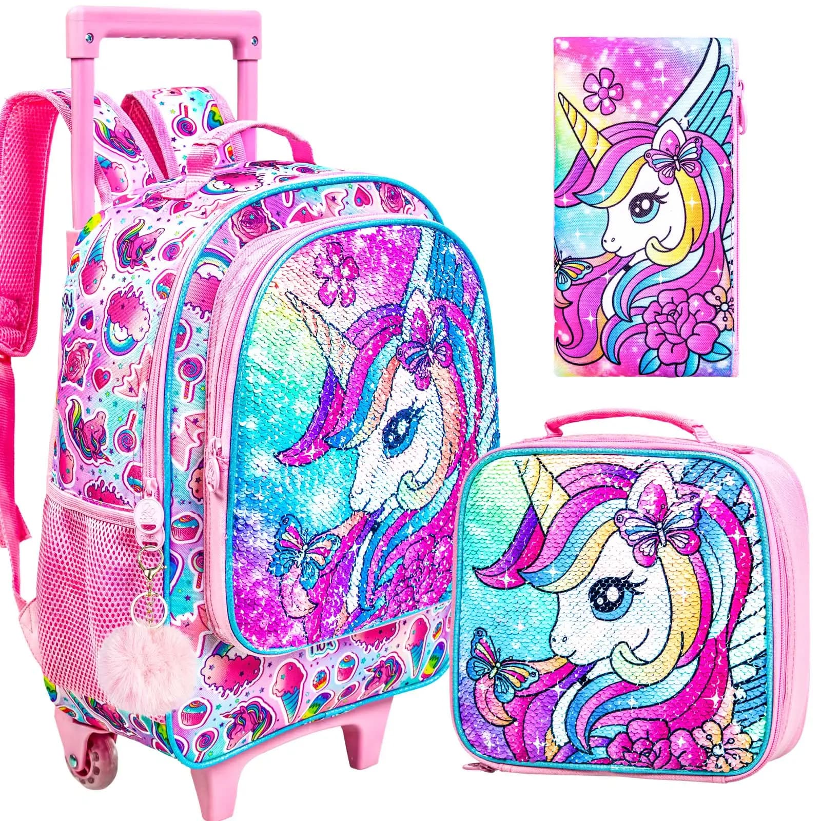 Zaino con ruote per unicorno da 3 pezzi per ragazze, zaini scolastici per bambini con ruote, zaino a rotelle con scatola per il pranzo per prescolare elementare