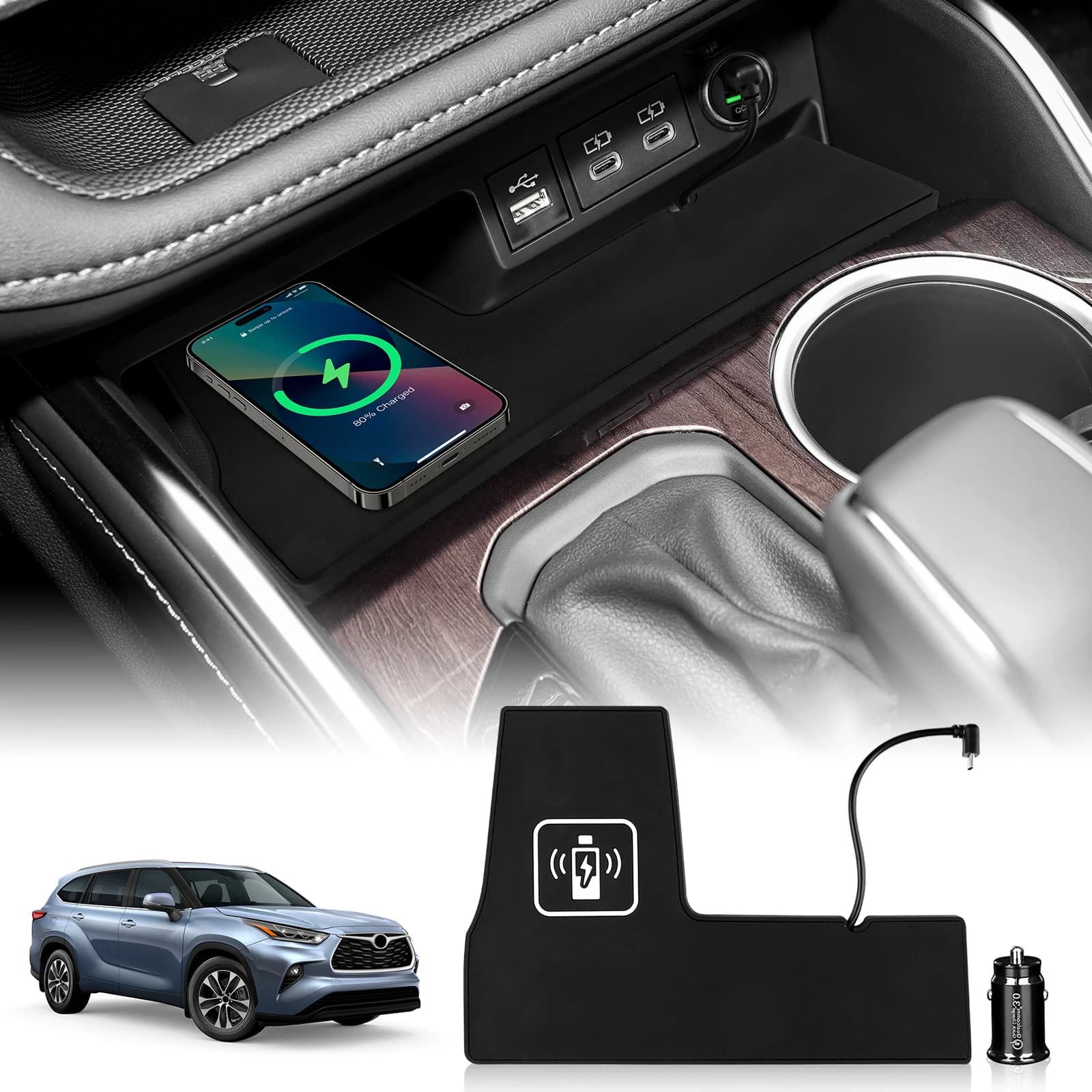 Per Toyota Highlander XU70 2020 2021 2022 2023 2024 2025 Caricabatterie wireless per auto per iPhone Supporto per ricarica rapida Caricabatterie da 15 W