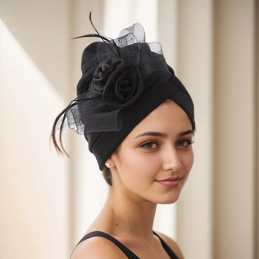 Moda donna piuma fiore turbante berretto testa femminile avvolge festa di nozze copricapo musulmano cappello signora accessori per capelli
