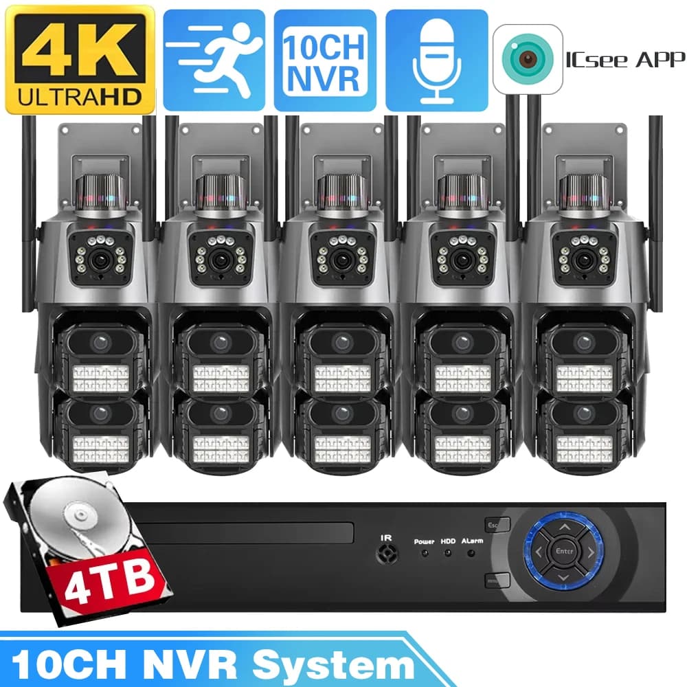 10CH 8MP Wireless Dual Lens PTZ WIFI Telecamera di sicurezza IP Audio bidirezionale Visione notturna a colori Viso POE NVR Sistema di videosorveglianza