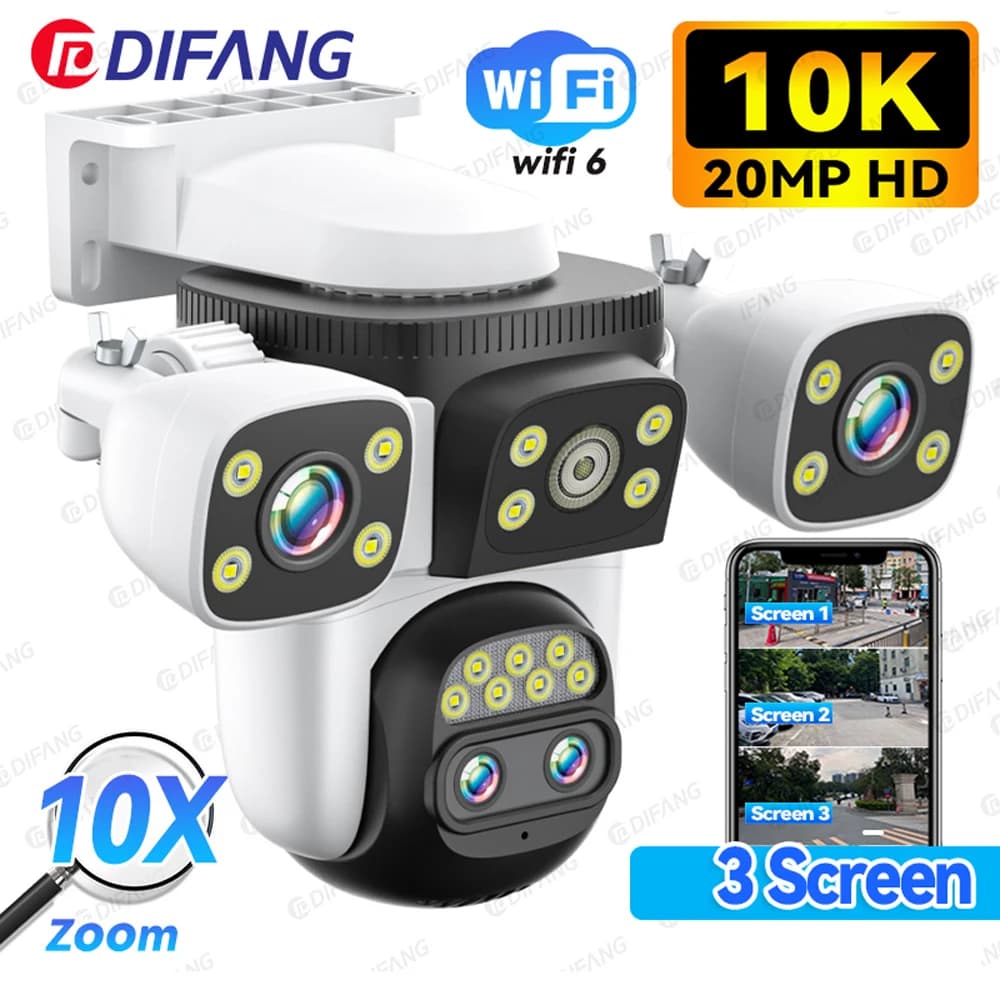 Protezione di sicurezza 10K Telecamera WiFi6 Telecamera esterna a tre schermi 20MP CCTV Telecamera IP esterna Zoom 10X Telecamera di videosorveglianza 8K 15MP