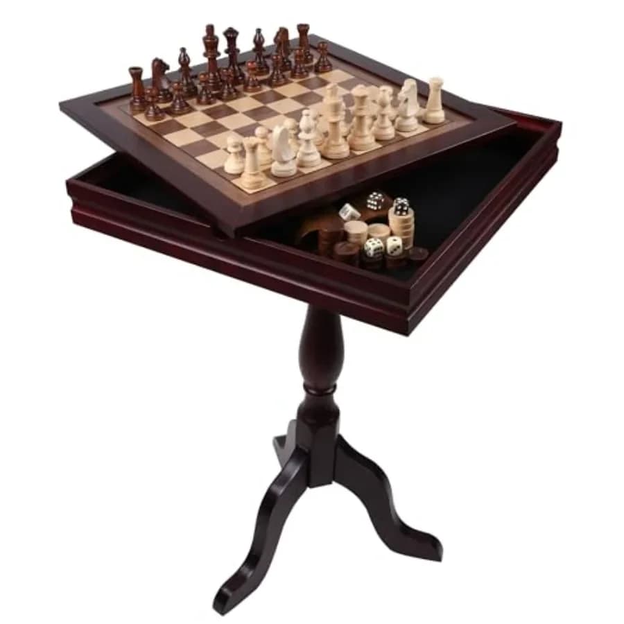 Mobili per sala giochi: set da tavolo 3-in-1 in legno per scacchi, dama e backgammon con finitura in legno naturale, pezzi classici marroni, pieghevole