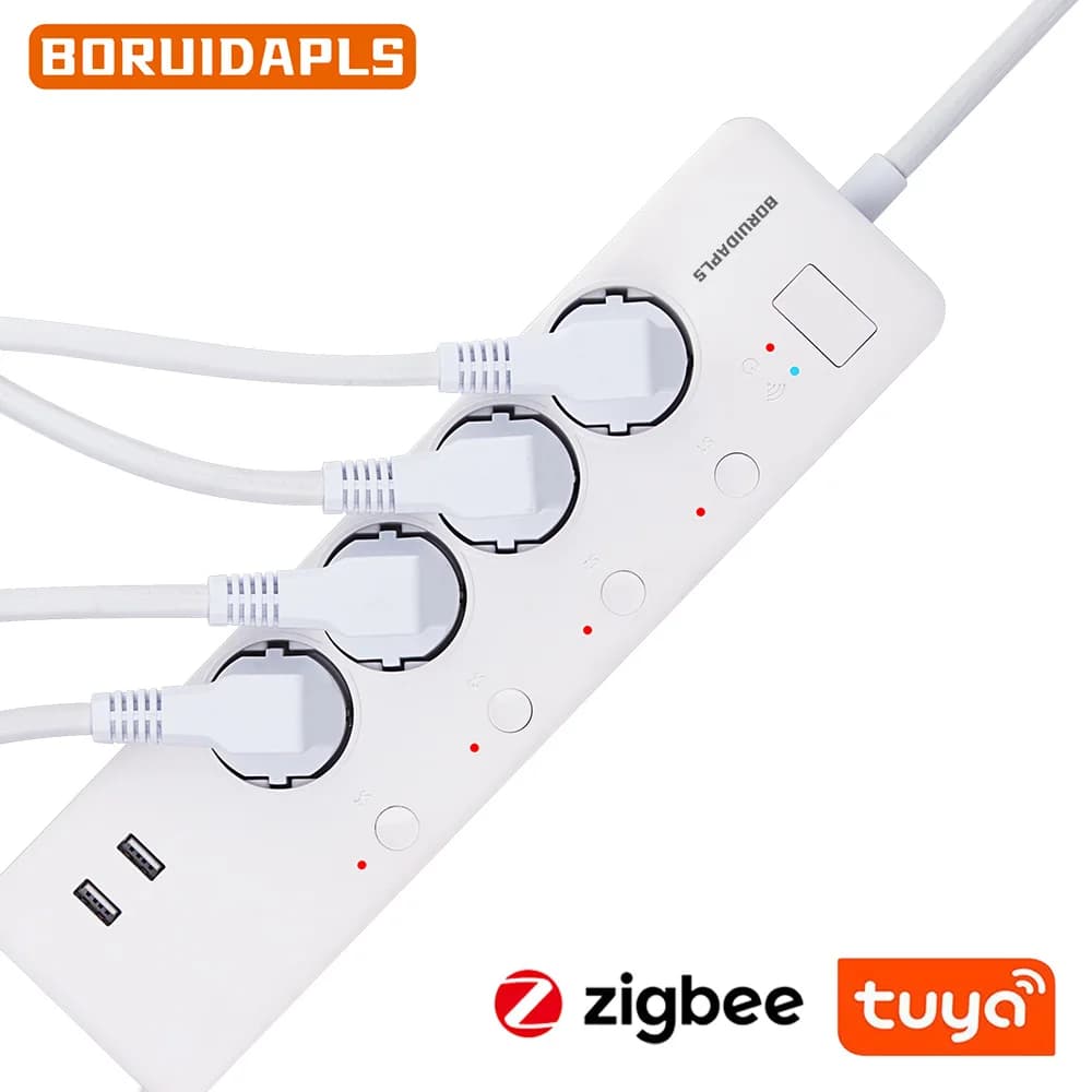 BORUIDAPLS Zigbee Power Board 16A Multifunction with 4 Independent AC sockets, 2 USB, Vocal Control, Compatible with Tuya Smart Life and Hue