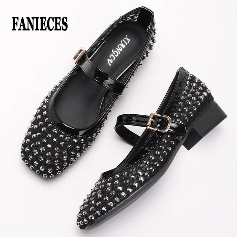 Mary Jane Women's Dancers with Crystals Luccicants, Summer Sandals with Rhinestones, Elegant Mules for Party and Occasion Casual