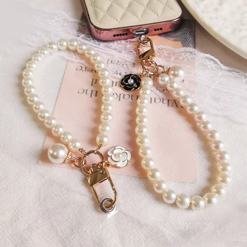 Cell Phone Case Bead Camellia Pendant Bracelet Style Card Phone Case Ornament Wristband Universal Chain Pendants With Handmade Beads