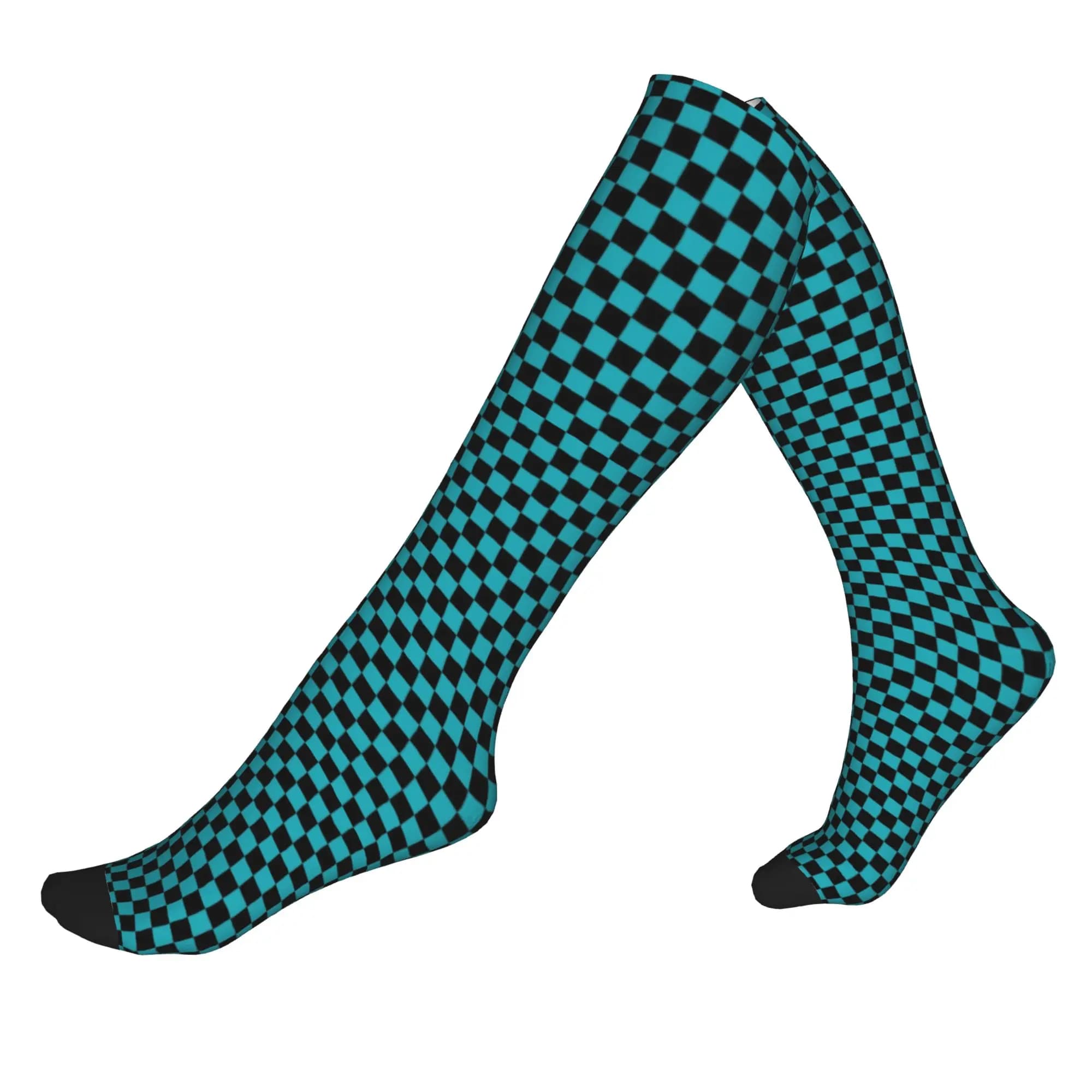 Calzini a quadri con motivo a scacchiera neri e blu ciano per uomo e donna, calzini sportivi a compressione caldi e alla moda