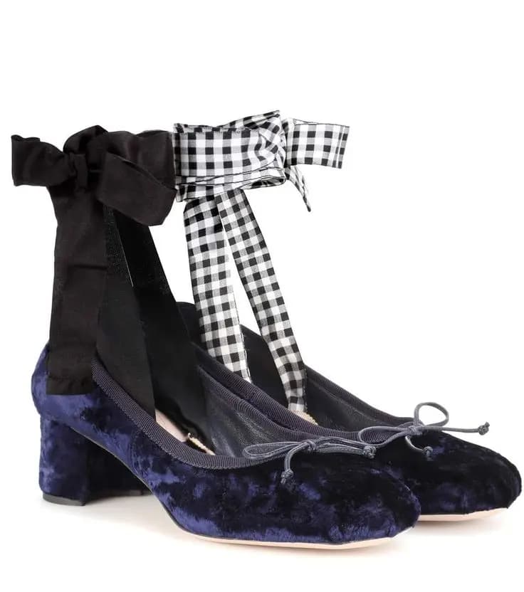 Velvet Round Toe Belt Buckle Butterfly-Knot Women Marry Jane Shoes Chunky Middle Heels Lace Up Design Large Size Pumps Shoes