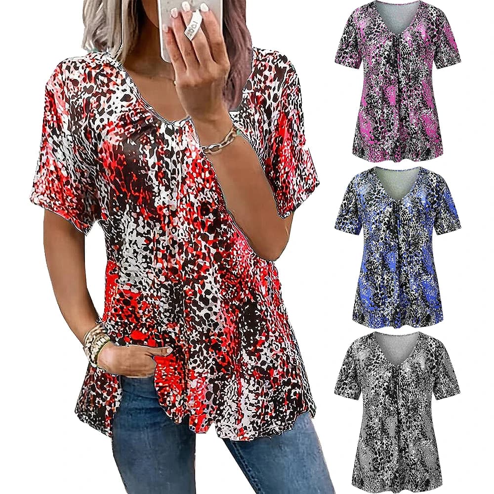 2023 camicetta alla moda estiva stampa digitale camicetta con stampa leopardata petto pieghettato scollo a V manica corta T-shirt casual da donna