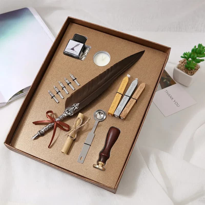 Vintage Classic Calligraphy Feather Pen Set with Wax Ink Seal Stamp Wood Dip Pen And Ink Bottles Gift for Students And Adults