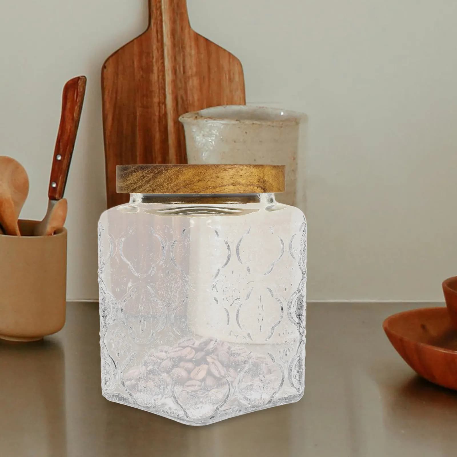 Glass Sealed Jar Wood Lid Airtight Food Storage Container for Coffee Beans Tea Sugar Kitchen Canisters Glass Sealed Jar