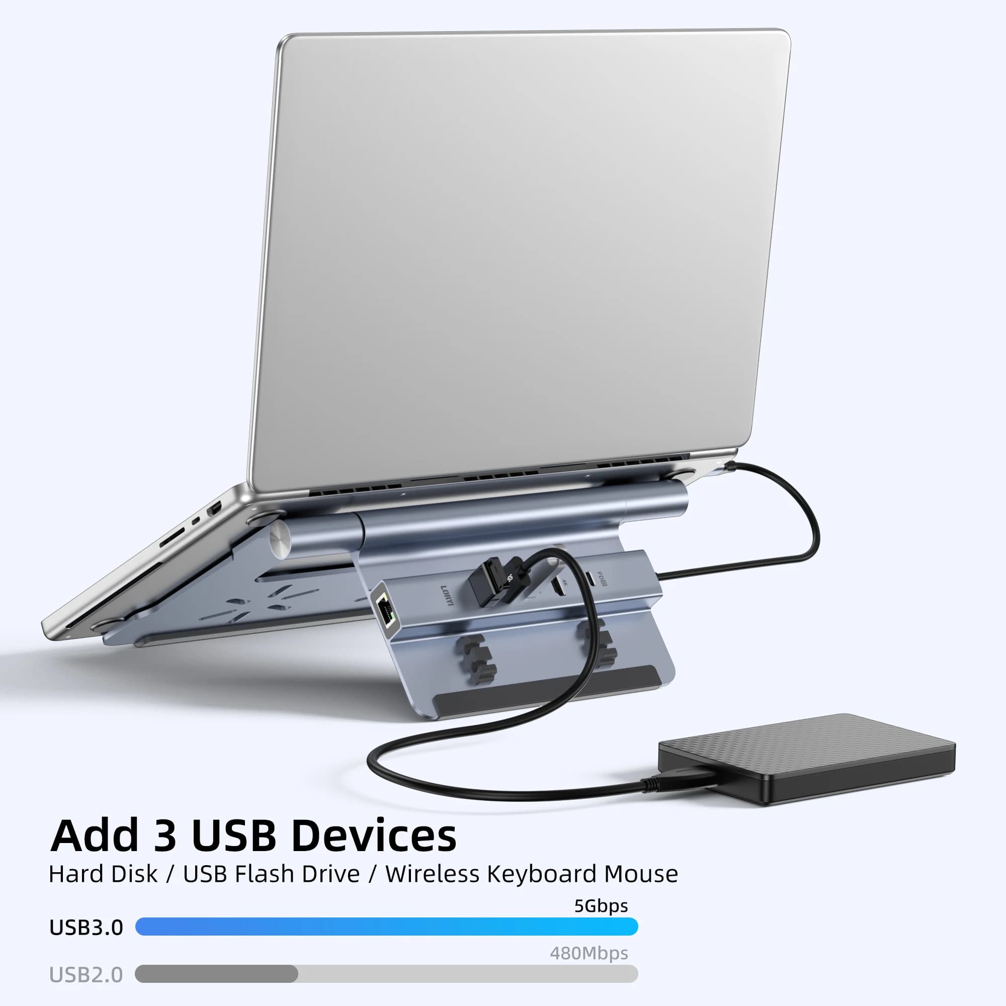 Supporto docking per laptop USB C 6 in 1 4K60Hz HDMI 100W PD 3 USB 3 0 Gigabit Ethernet Alluminio regolabile per MacBook Surface Lenovo