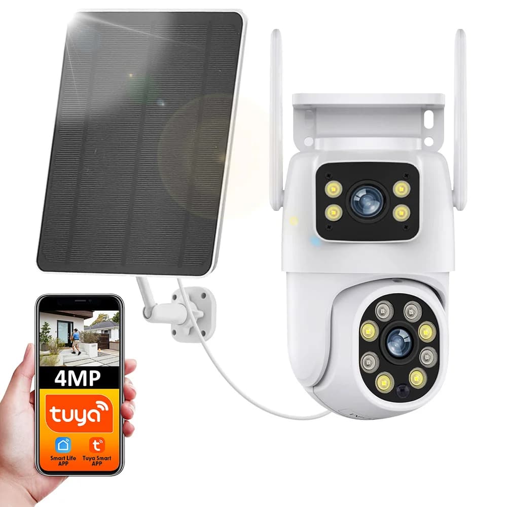 Tuya SmartLife WiFi 4MP Batteria a doppio obiettivo Visione notturna a colori solare Rilevazione movimento PIR Monitoraggio automatico Telecamera di sicurezza esterna