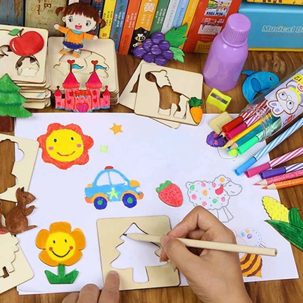 Giocattoli educativi Montessori per bambini Bambini Pittura Disegno Giocattoli Modello fai da te in legno Stencil Apprendimento Regalo di Natale