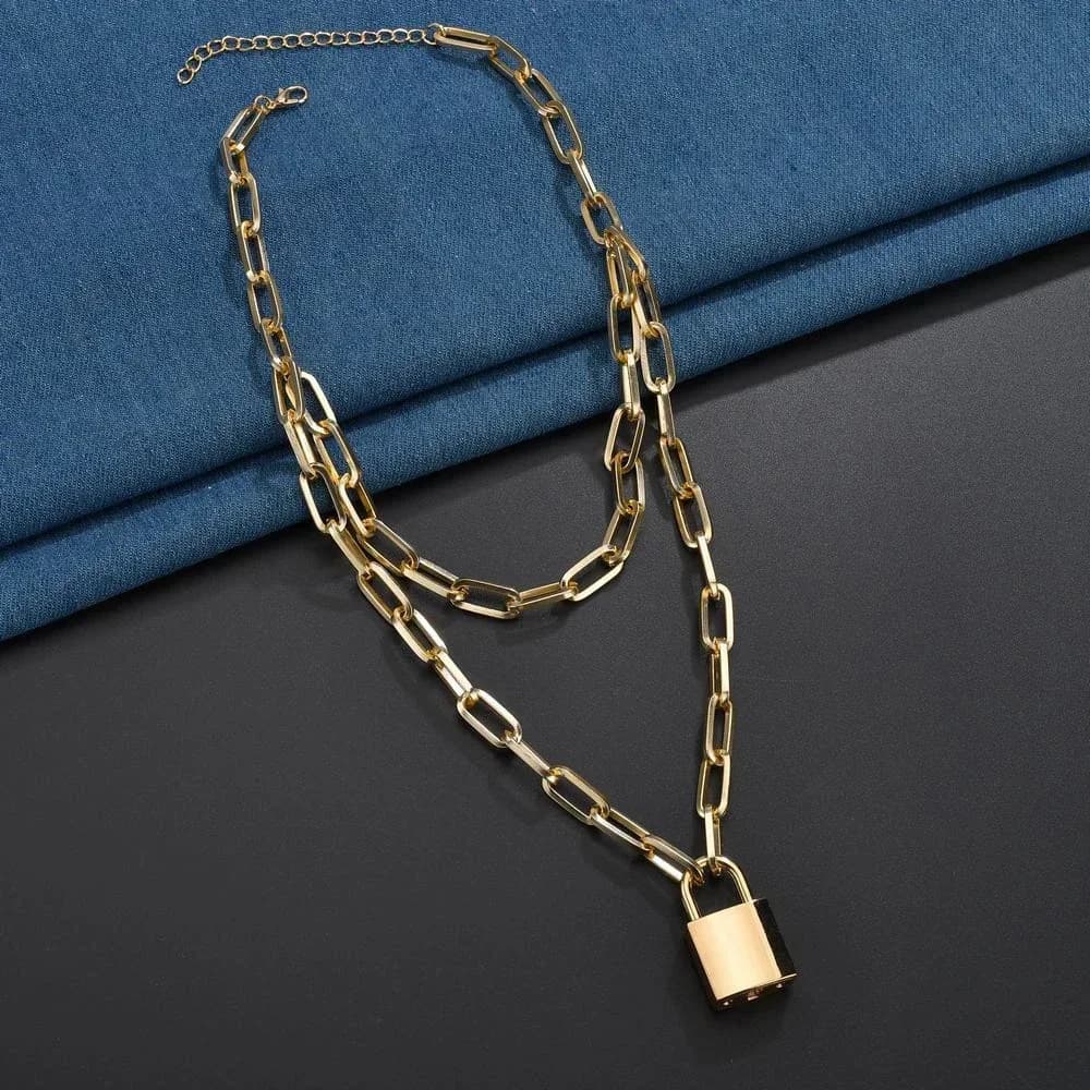 SUMENG 2025 Fashion Women Double Layer Silver Color Lock Chain Necklace Punk Padlock Pendant Gothic Jewelry