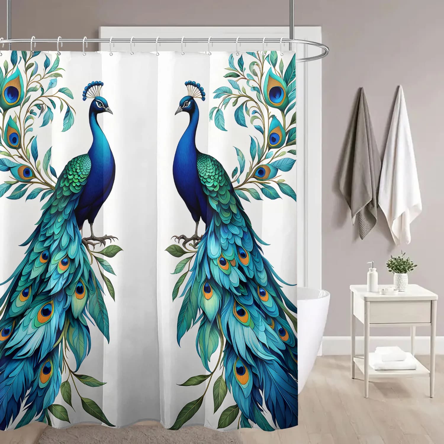 1 tenda da doccia elegante con stampa pavone, 71x71 pollici, tessuto in poliestere con ganci, design vibrante pavone blu e verde,