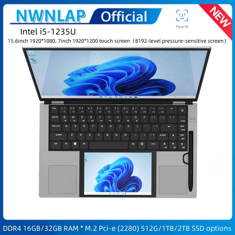 2026 Dual-Screen Laptop with 15.6-inch Main Display and 7-inch Secondary Touchscreen for Handwriting, Intel Core i5-1235U 16GB