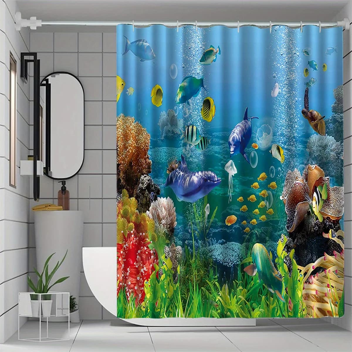 Tenda da doccia con pesci piccoli da 1 pezzo sul fondale marino, motivo decorativo energetico e di fascia alta