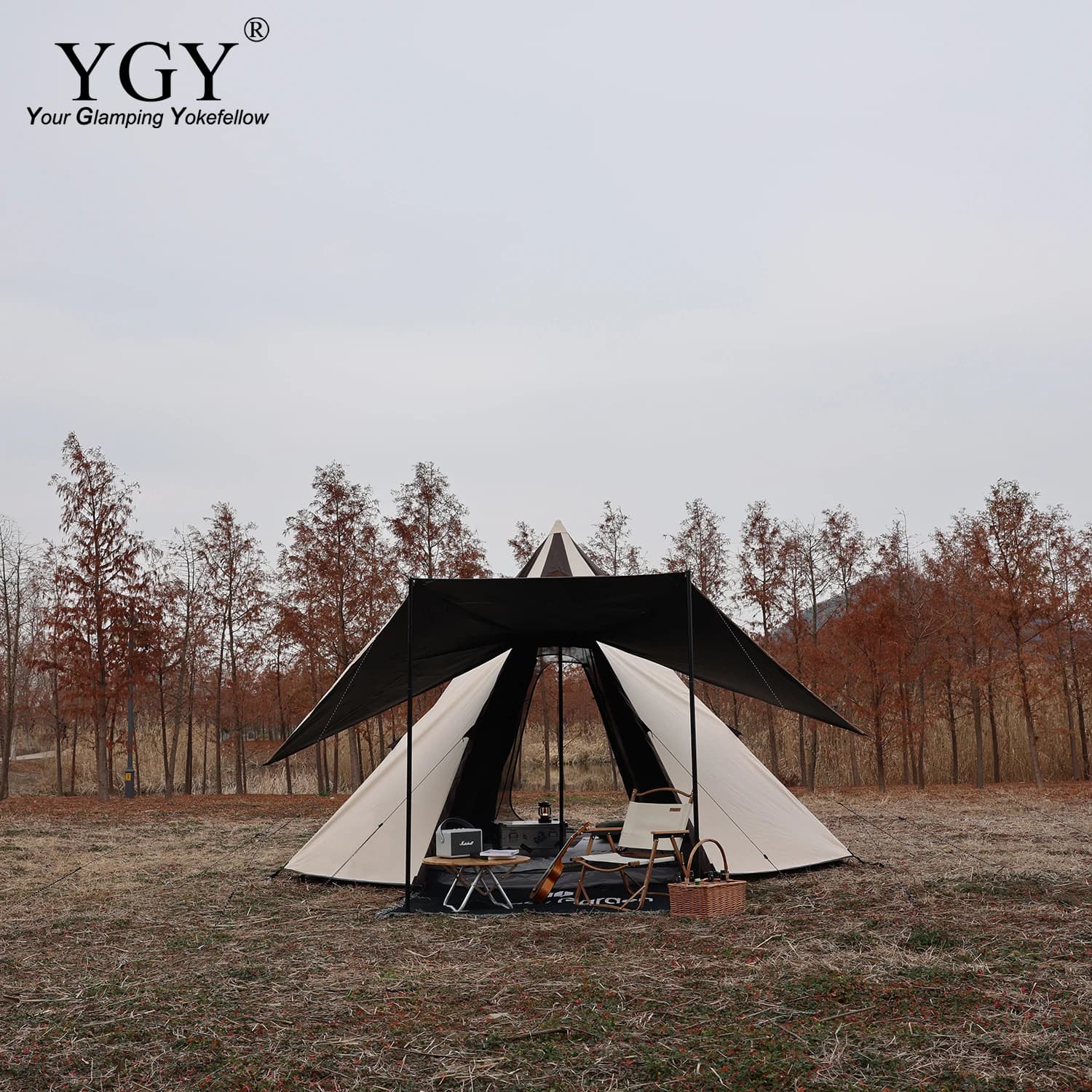 YGY Tenda Glamping a Doppi Strati Tenda Piramide da Campeggio 4-6 Persone Impermeabile Anti-UV Con Stufa Jack Famiglia All'aperto 4 Stagioni