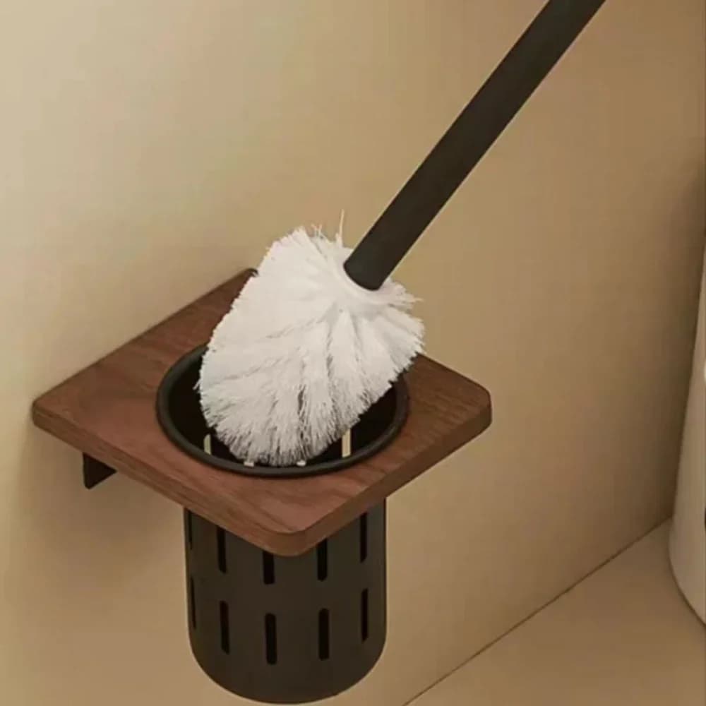 Porta scopino per WC in metallo noce montato a parete senza morti Porta scopino per WC Mensola per bagno Set di accessori per WC