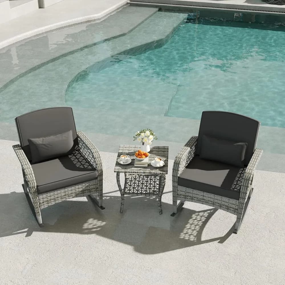 Set of 3 piece wicker rocking chairs, patio rattan rocking chair, PE rattan bistro set with cushions and coffee table, wicker lawn furniture