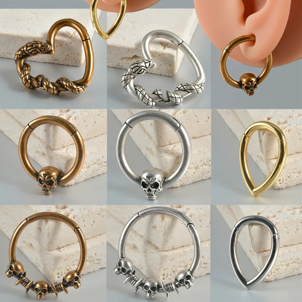 1-2PCS Retro Rame Serpente Teschio Goccia D'acqua Segmento Hinger Peso Dell'orecchio Naso Setto Conchiglia Orecchio Rafforza Spina di Espansione Orecchino