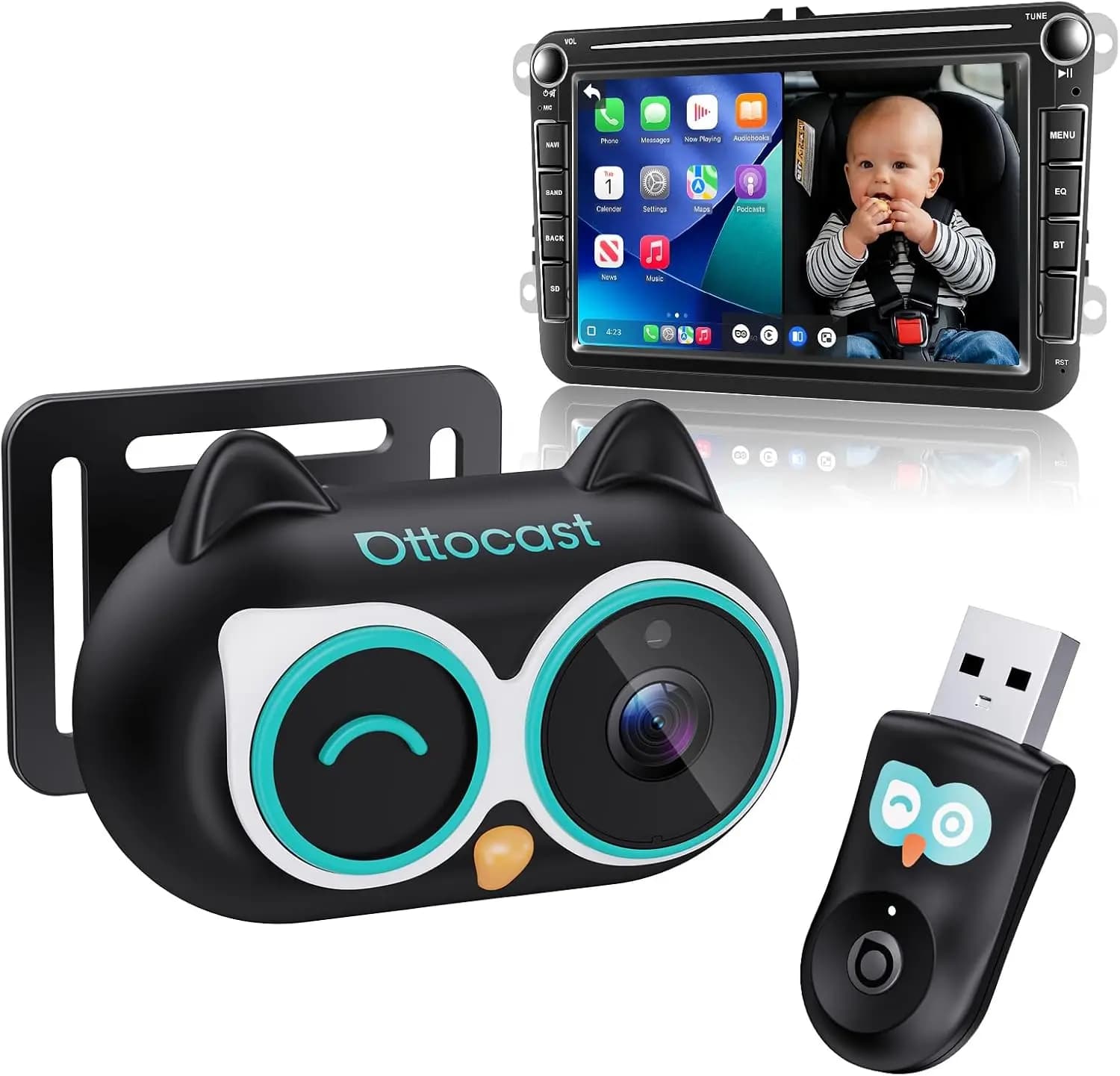 Telecamera per auto HD 1080P per bambini con visione notturna, adattatore CarPlay wireless, 150 ° Obiettivo grandangolare per il monitoraggio dei sedili posteriori