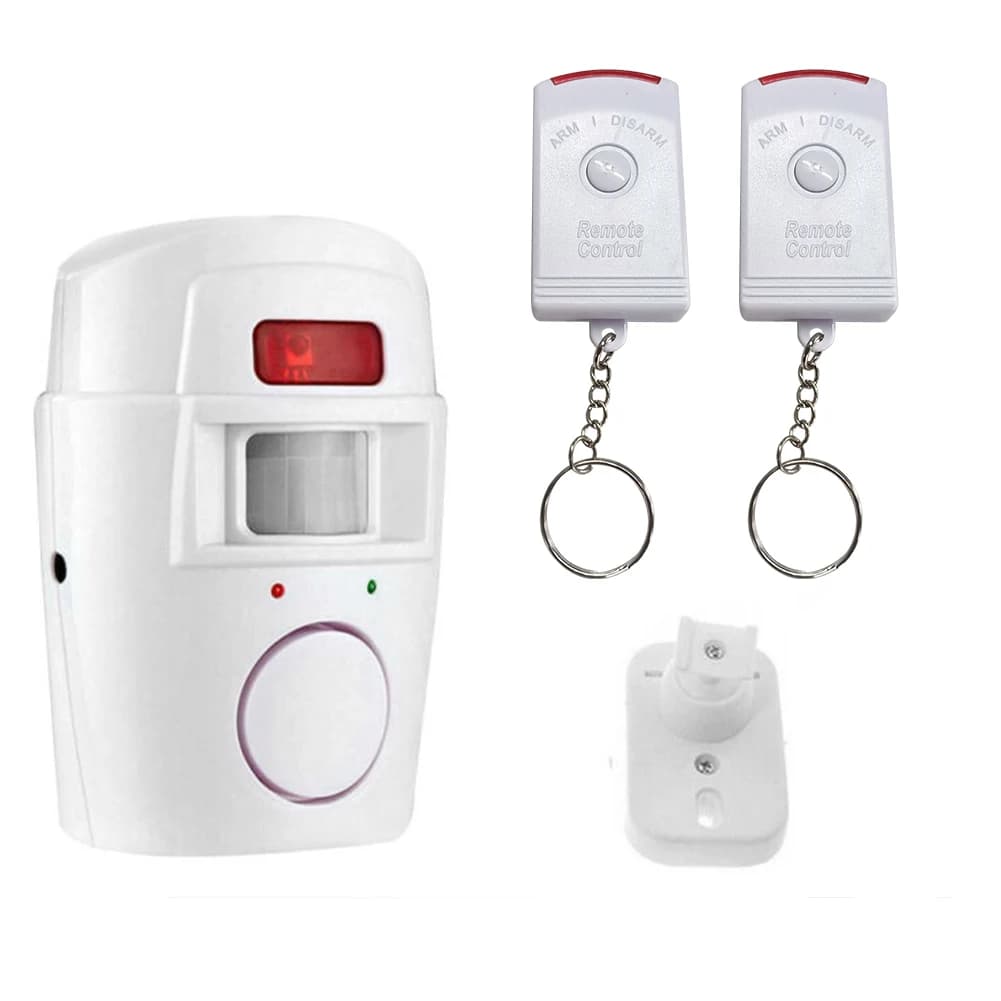 Allarme con Sensore di Movimento Wireless e 2 Telecomandi, Allarme a Infrarossi PIR, Alimentato a Batteria per Porte, Capannoni, Garage, Roulotte