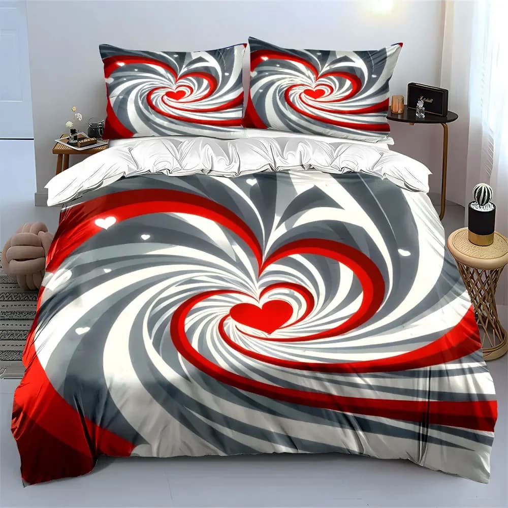 Set di biancheria da letto con decorazioni a forma di cuore romantico, con 1 copripiumino e 2 federe, singolo, matrimoniale, king, queen, regalo