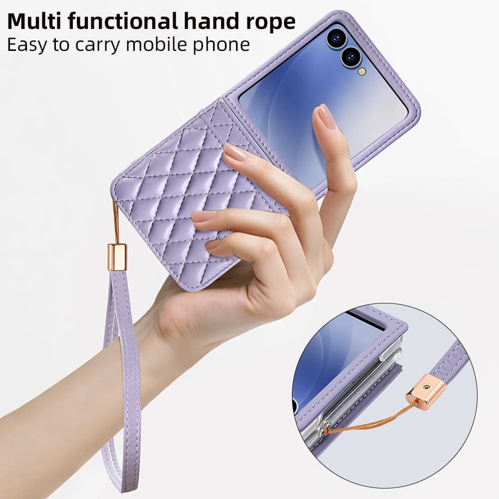 Custodia per telefono in pelle PU stile lusso con cinturino da polso compatibile con Galaxy Z Flip 7 Flip6 Flip5 Flip 4 Custodia con slot per scheda bancaria