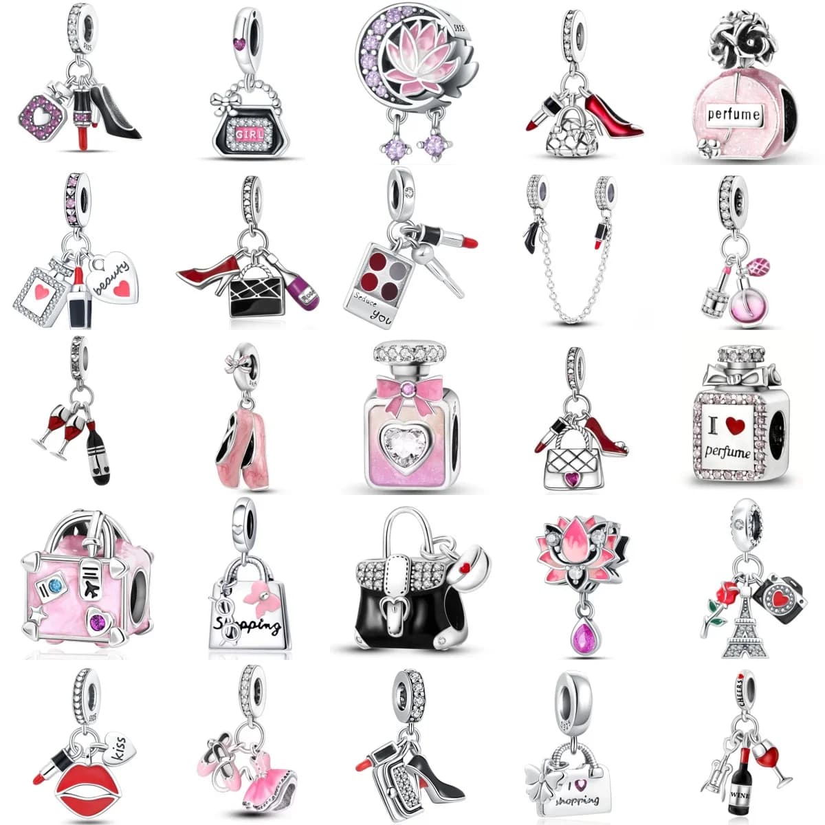 Squisiti ciondoli in argento 925 a forma di profumo, rossetto, scarpa col tacco alto, borsa, adatti per braccialetti, accessori fai da te per gioielli alla moda.
