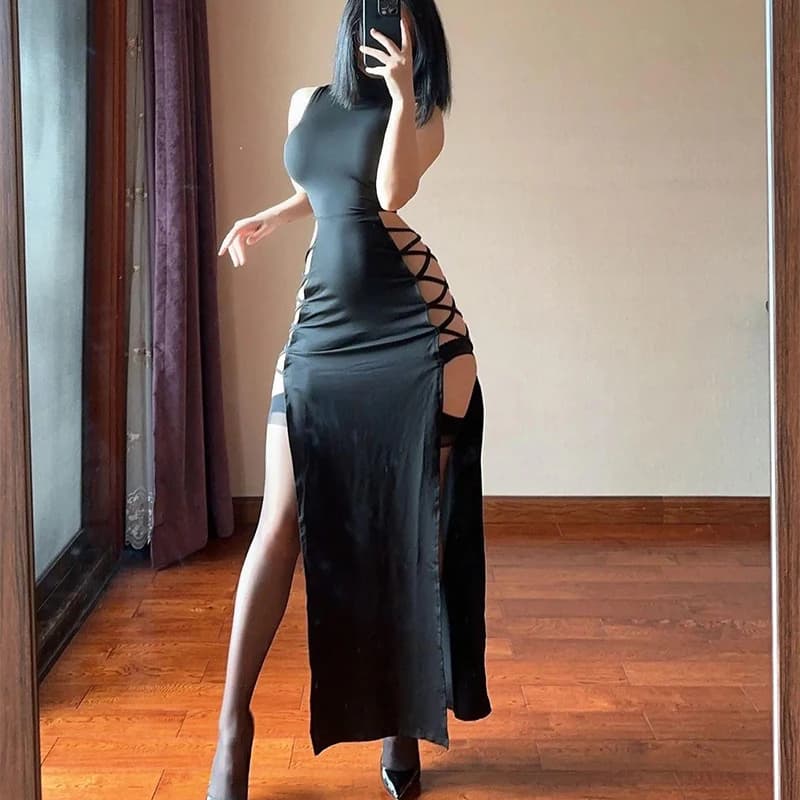 Abito da donna con fasciatura incrociata con scollo a O, sexy, senza maniche, elegante, per feste, cocktail, abiti da ballo, vacanze al mare, abiti da sera lunghi