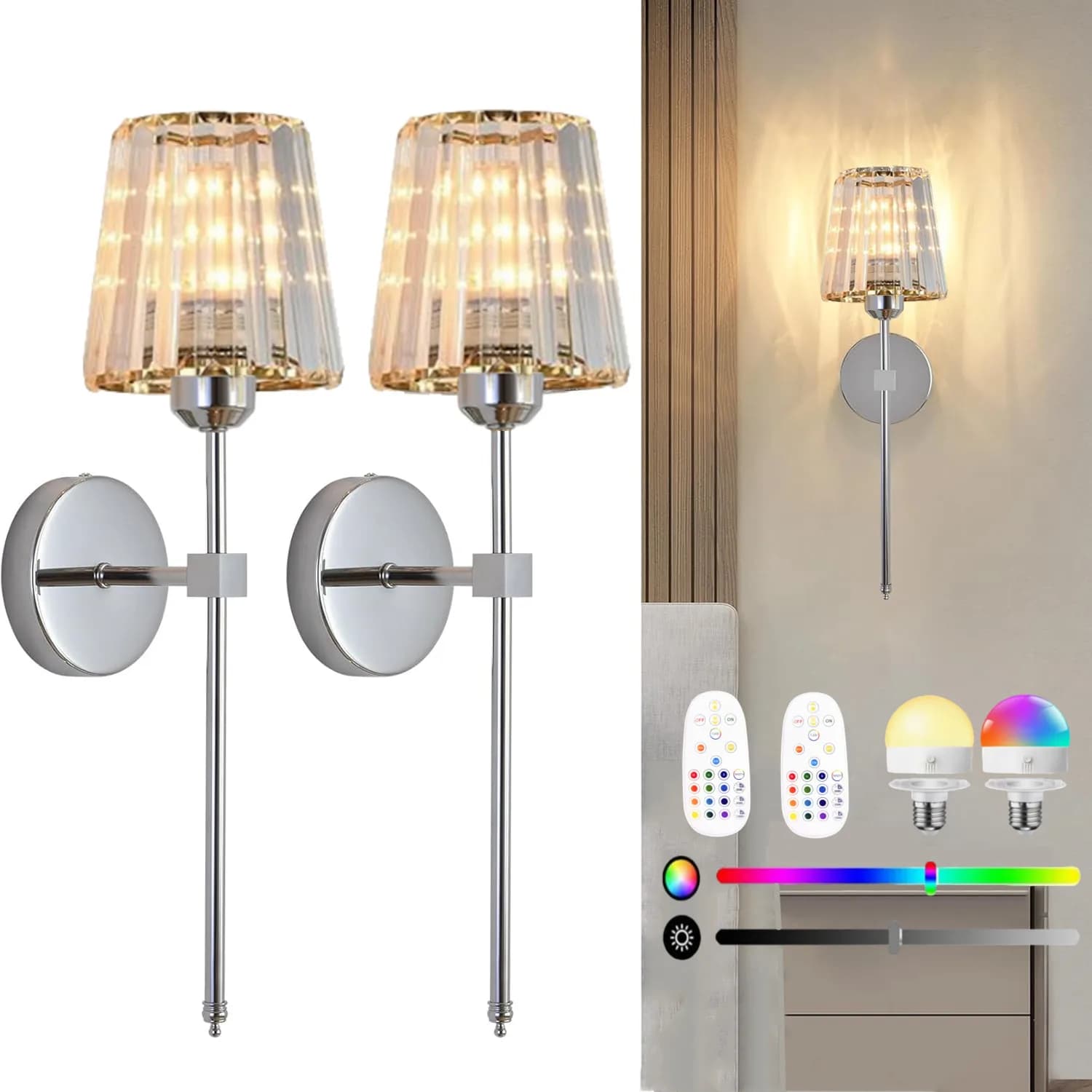 Lampada da parete in cristallo alimentata a batteria, lampada da parete wireless ricaricabile cromata con telecomando dimmerabile, 15 modalità di colore, lampada da parete a LED adatta per camera da letto, soggiorno, corridoio, lampadina inclusa