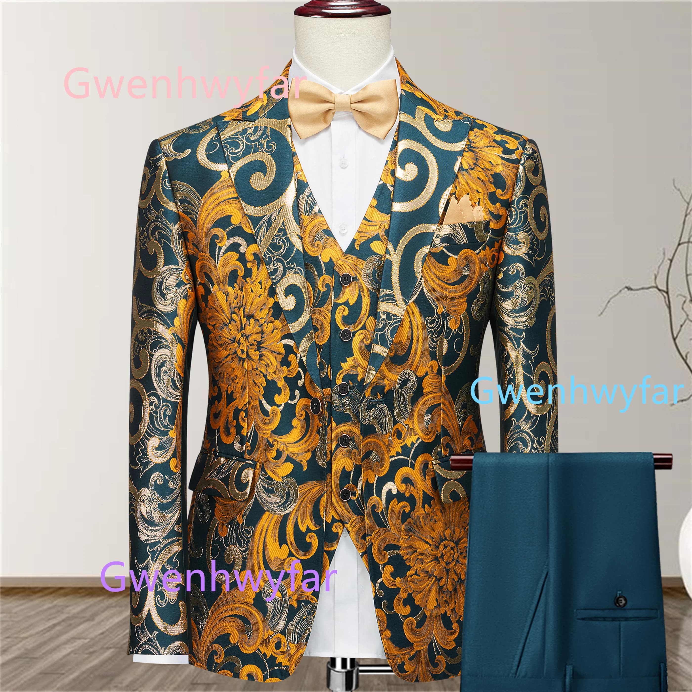 G&N Bright Orange Chrysanthemum Jacquard Suit 3-piece set,Single Breasted Jacket with Vest Pants ,Groomsman Wedding Tuxedos