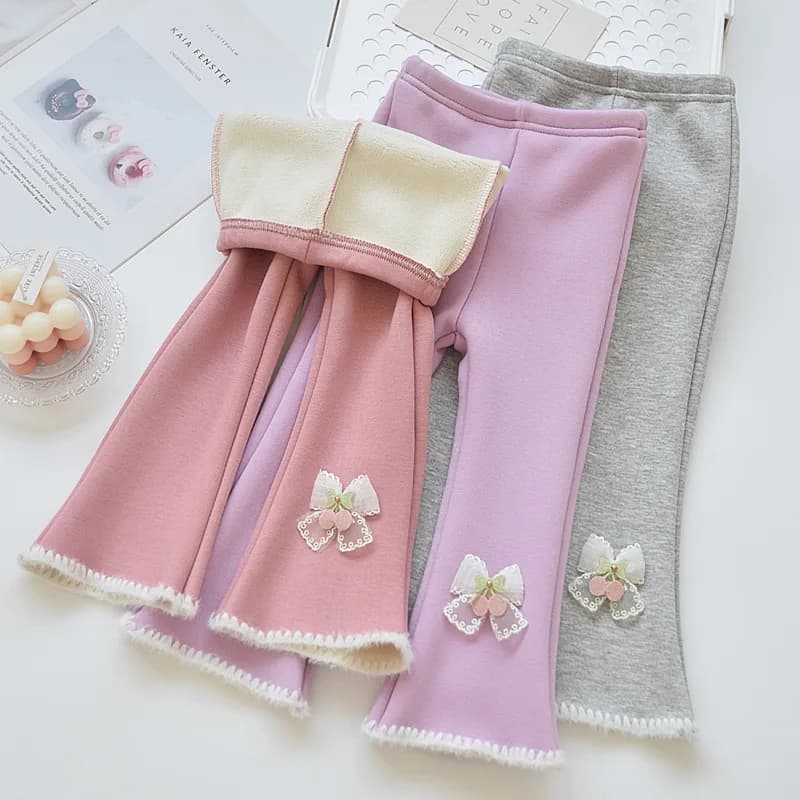 2026 Autumn Winter Fleece Lined Girls Flared Pants Thick Slim Stylish Casual Micro Flare Leggings For Kids