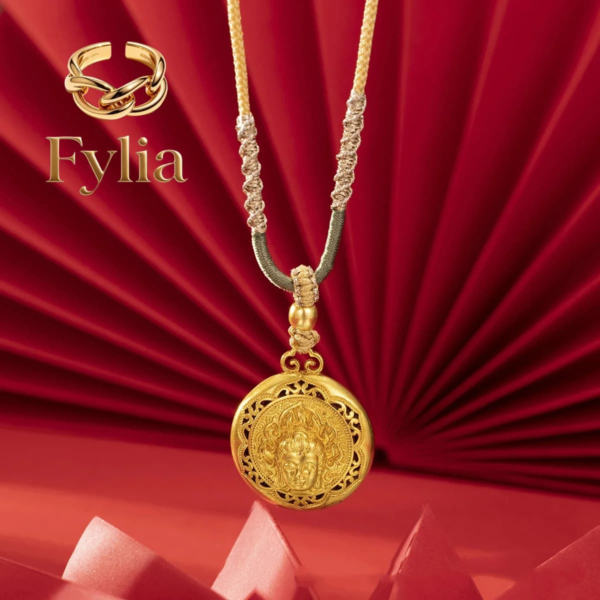 Fylia Jewelry Luxury design 24K real gold Buddha head eight treasure compass pendant men and women necklace au999 pure gold fin