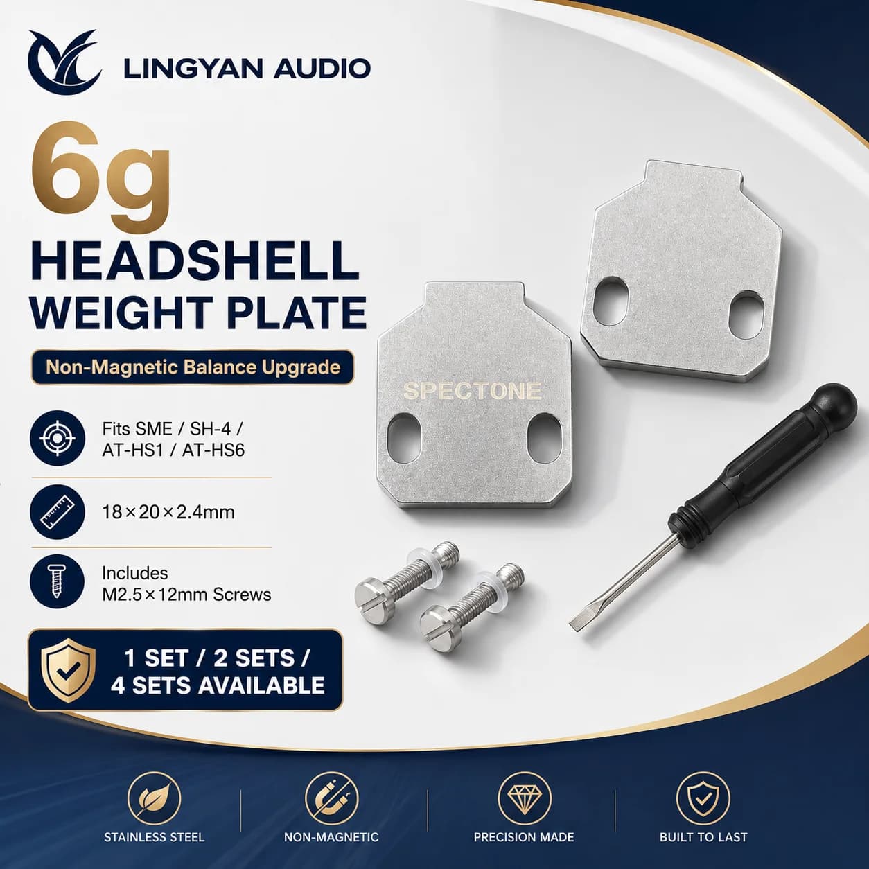 6g Non-Magnetic Headshell Weight Plate 18x20x2.4mm with M2.5x12 Screws for SME Ortofon SH-4 AT-HS1 AT-HS6