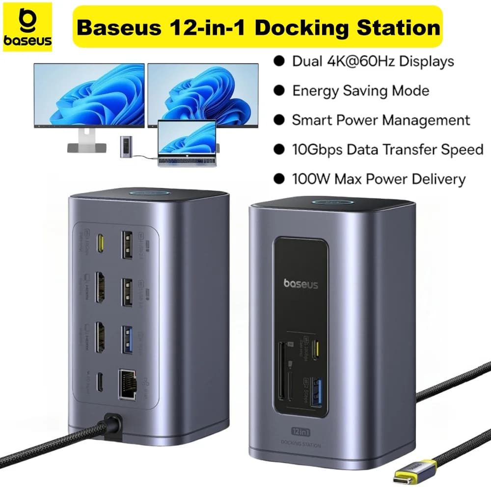 Baseus HUB Adattatore USB 12 in 1 USB C da 3,2 a HDMI 4K a 60 Hz con doppio display con docking station RJ45 SD TF PD 100 W per hub Windows Mac
