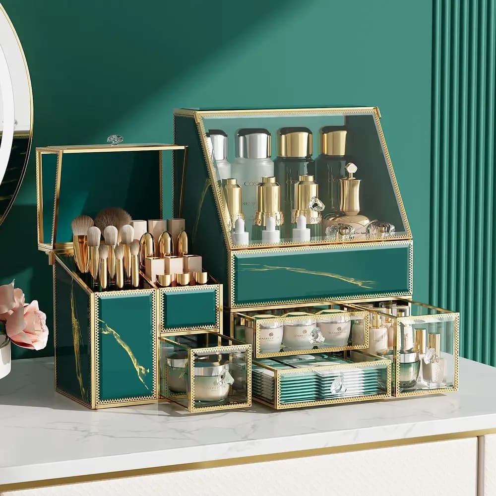 Organizer per Trucchi Verde - Grande Contenitore per Cosmetici da Comodino per Skincare, Rossetti, Profumi e Pennelli - Scatola Portaoggetti da Bancone per Cosmetici