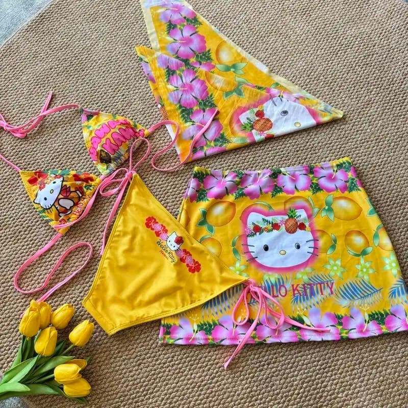 Bikini Estivo da Donna con Spalline Sgambate, Stile Giapponese Kawaii Hello Kitty, Costume da Bagno Sexy da Spiaggia per Resort e Mare