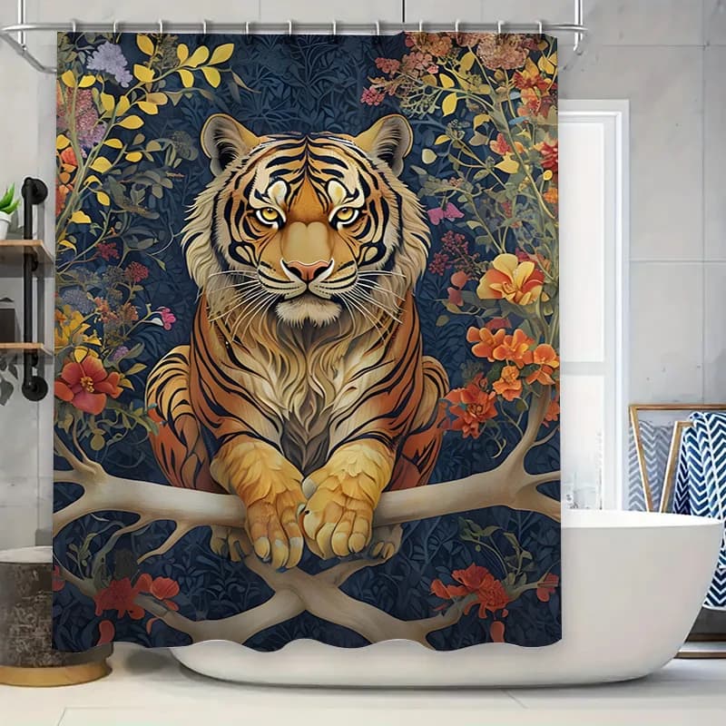 Tenda da doccia tigre dorata: decorazione da bagno con stampa floreale per la decorazione domestica Copertura per finestra con motivo animale in stile moderno impermeabile