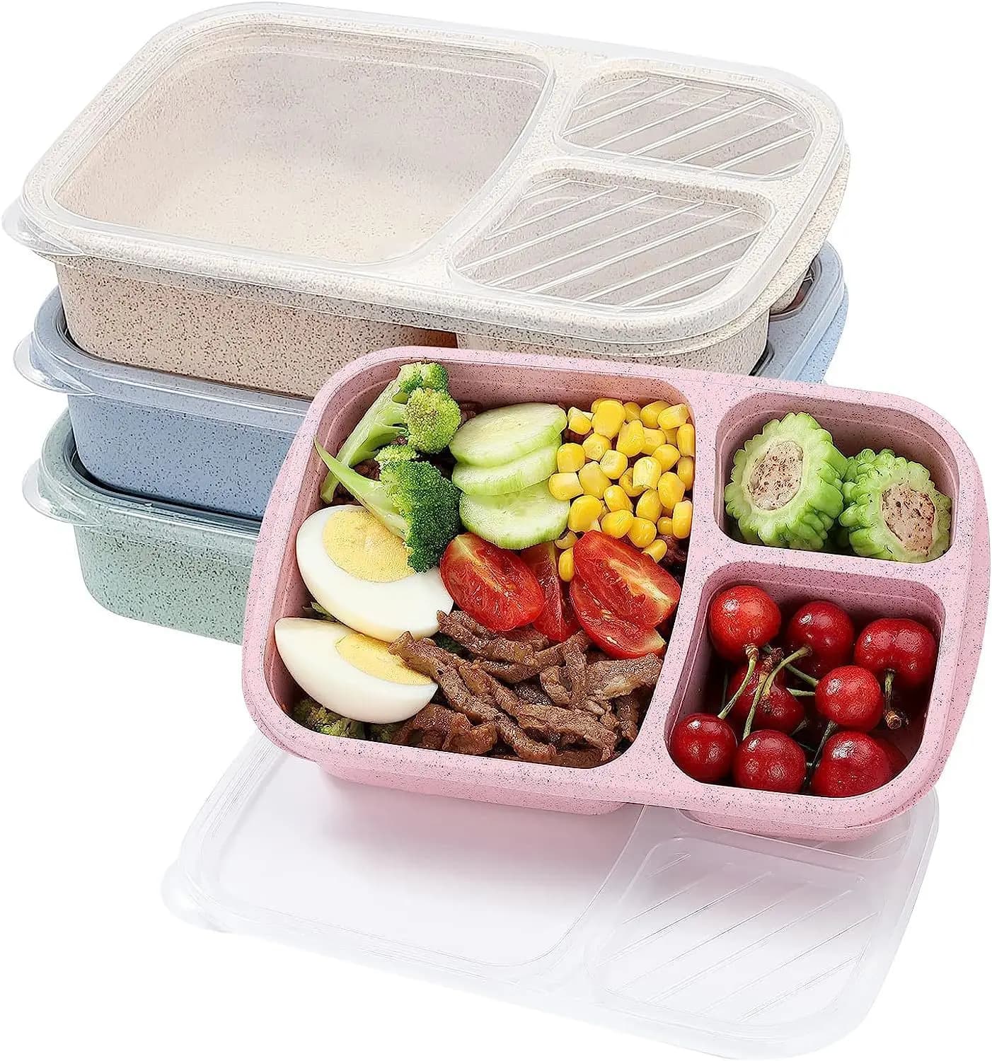 Set di 4 Contenitori per Pranzo Bento con 3 Scomparti, Contenitori per Alimenti in Paglia di Grano, Scatole per Preparazione Pasti, Contenitori in Plastica per Conservazione Alimenti