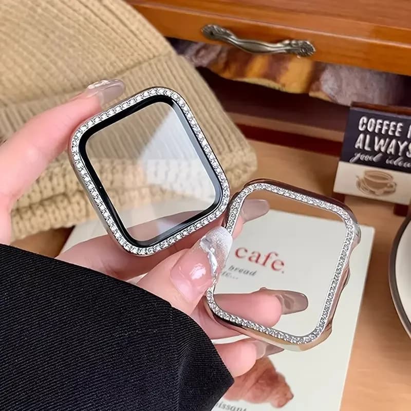 Custodia in vetro + diamante per Apple watch serie 11 10 9 8 7 6 5 4 se 46mm 42 44mm-40-41-45mm Bling Paraurti Protezione schermo Accessorio