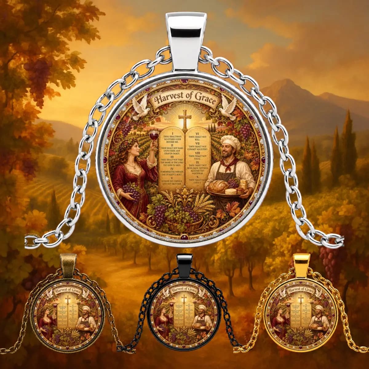 1PC Zinc Alloy Pendant Necklace Round Vintage Harvest Faith Themed Insert, Cross And Scripture Tablet Artwork, Vineyard Scene Charm Jewelry Gift, Matching Variant Included Key