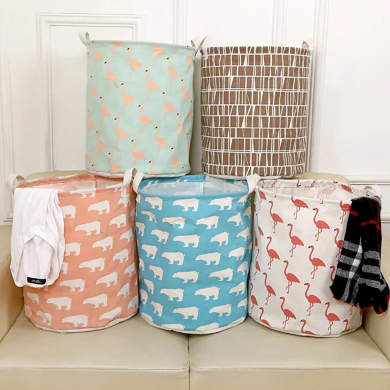 Waterproof Cotton Linen Laundry Basket Home Dirty Clothes Storage Bucket Moving Storage Bag round Bucket Household Organizer