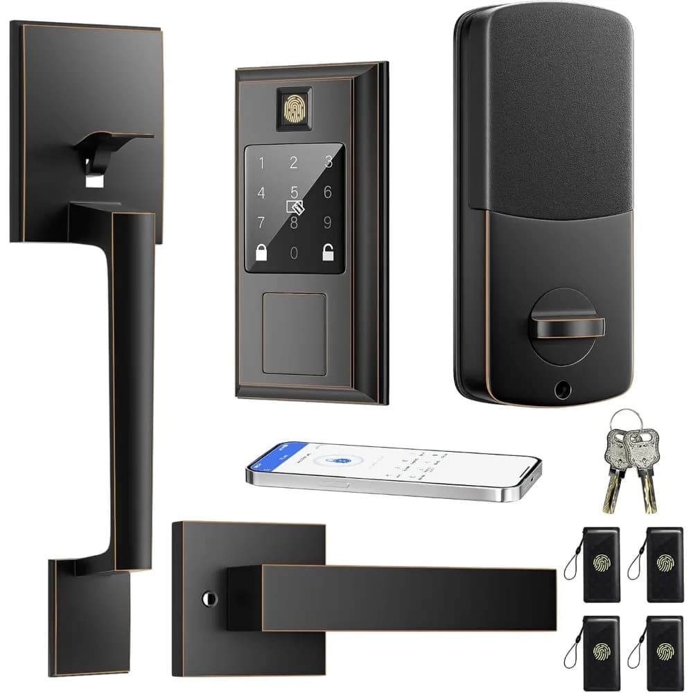 Set serratura intelligente per porta anteriore, serratura per porta d'ingresso senza chiave con set maniglia, serratura intelligente con catenaccio per impronte digitali per porta d'ingresso, controllo app