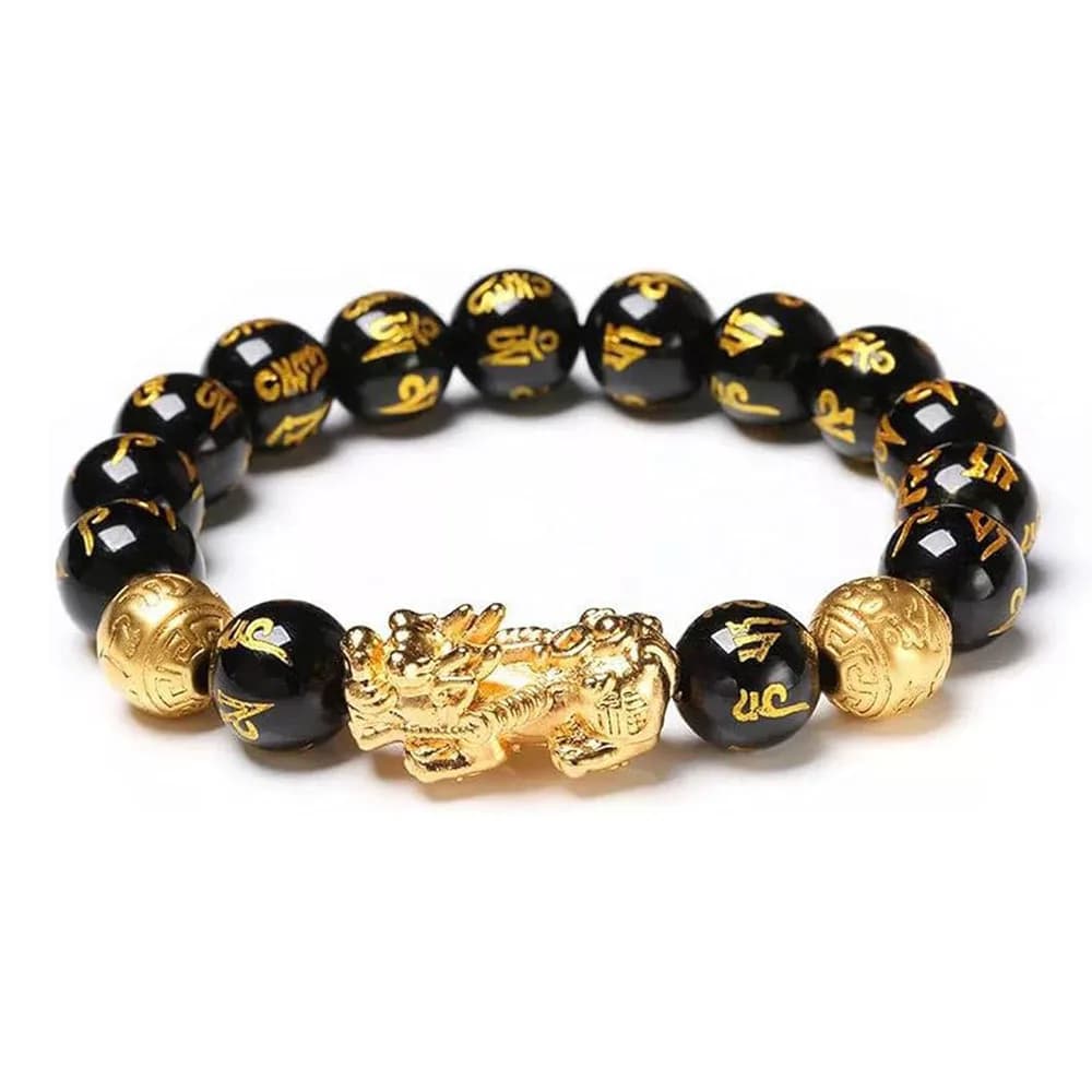 FengShui Wealth And Luck Bracelet, Feng Shui Black Obsidian Pixiu Wealth Bracelet Prosperity Buddha Beads Elastic Bracelet