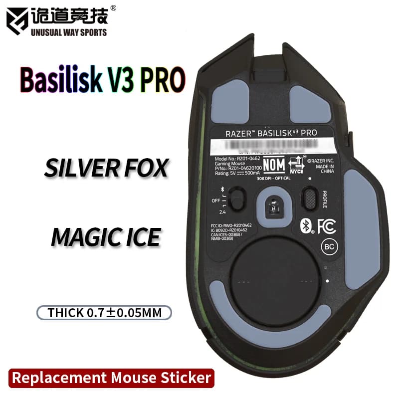 InsolitoWaySports Mouse Pattini Piedi Basilisk V3 Pro Superficie curvata PTFE Anti collasso Magic Ice Silver Fox